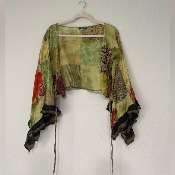 Gardenbelle Tops - Recycled Green Patchwork Bell Sleeve Wrap Top
